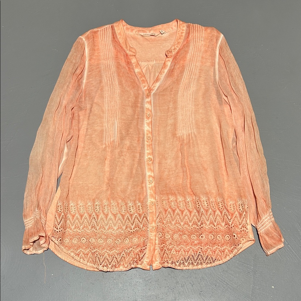 Soft Surroundings Peachy Orange Button Down Long Sleeve Shirt (Women’s Large)